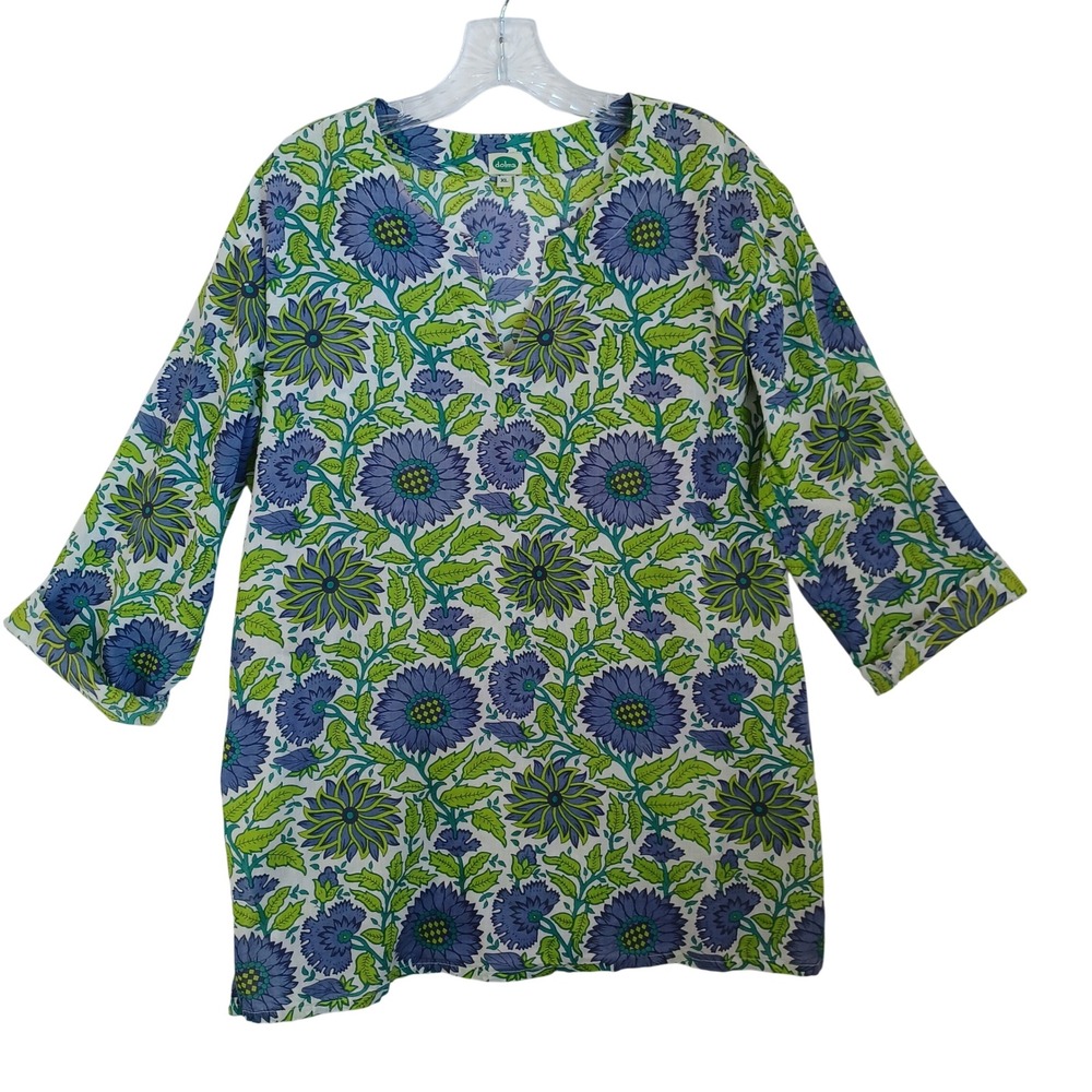 Dolma Womens XL Blue Green Floral Block Print Cotton Tunic Top Split V-Neck
